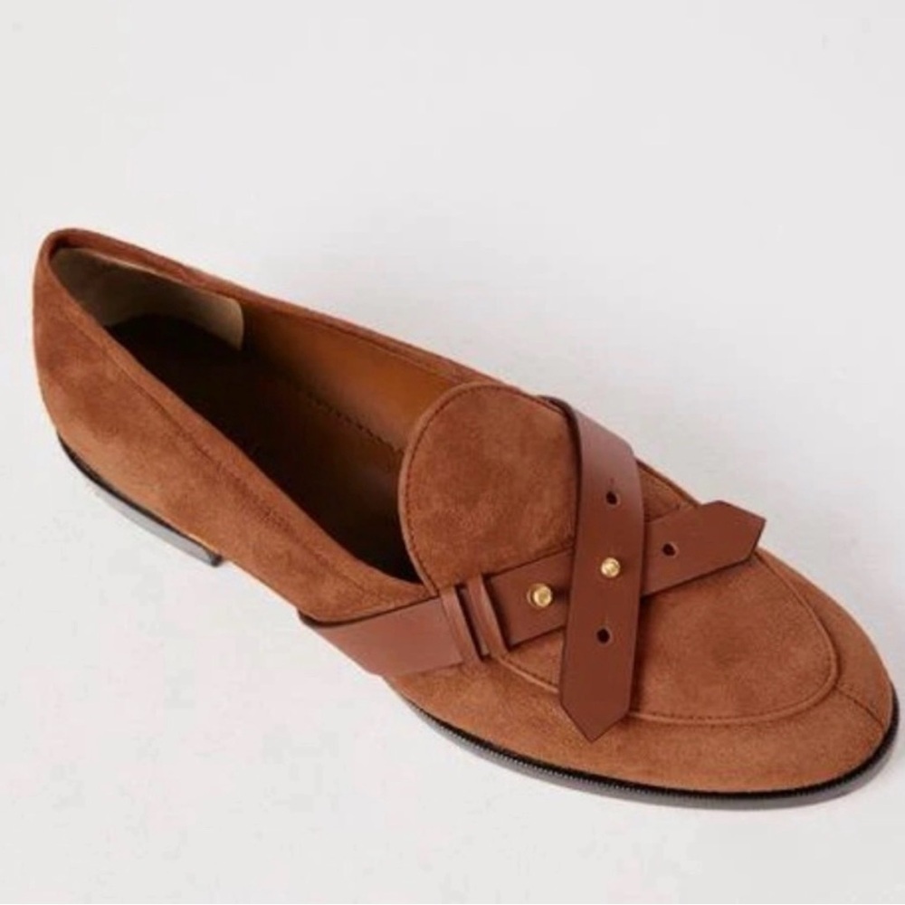 NEW Frame Le Larchmont Whiskey Brown Suede Buckle Loafers 37.5 US 6.5